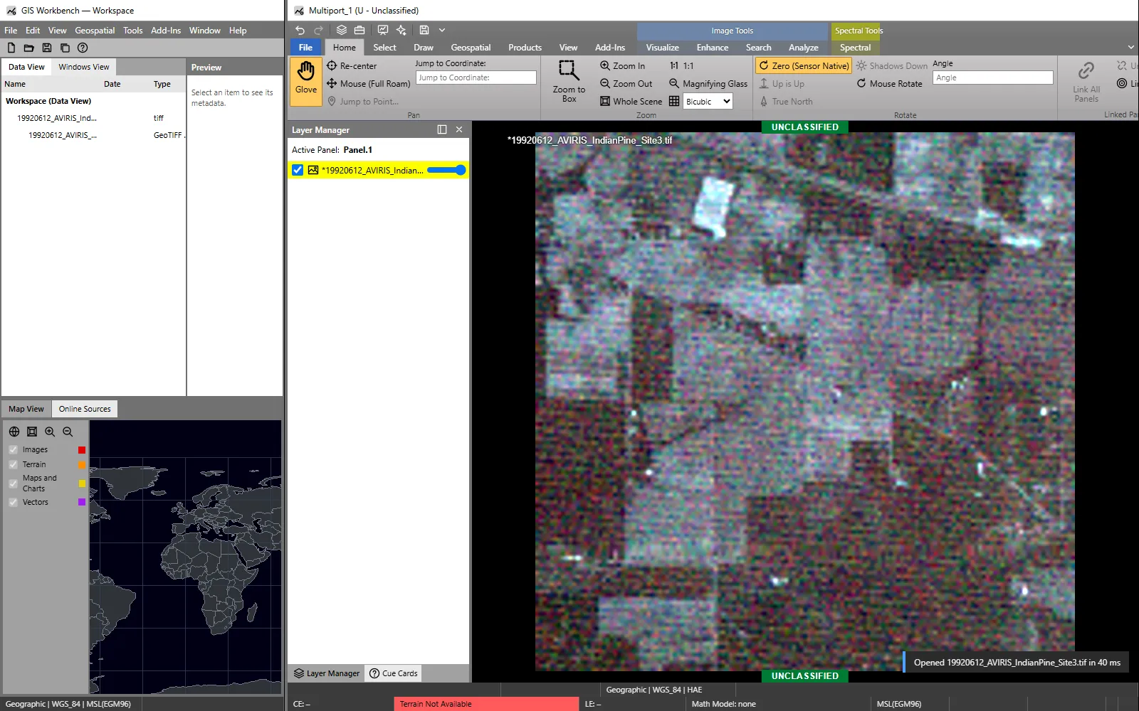 AVIRIS hyperspectral imagery of agricultural fields displayed as a false-colour composite.
